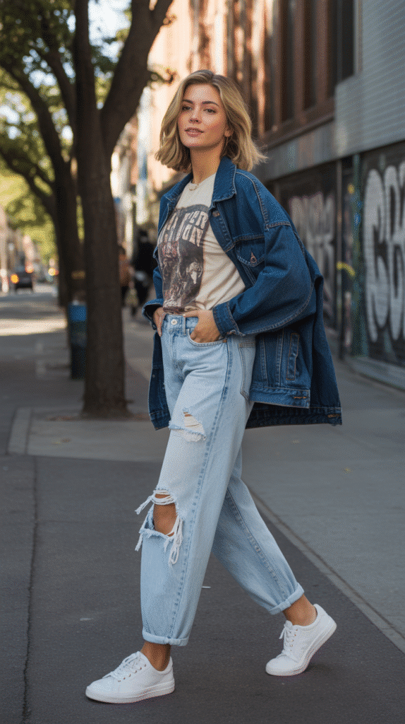 32 Casual Fall Outfits for Women with Jeans 5 Distressed Jeans with Graphic Tee and Denim Jacket