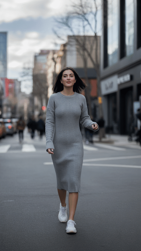 24 Elegant Winter Dress Outfits for Women for Every Occasion 17 Ribbed Knit Dress with Sneakers