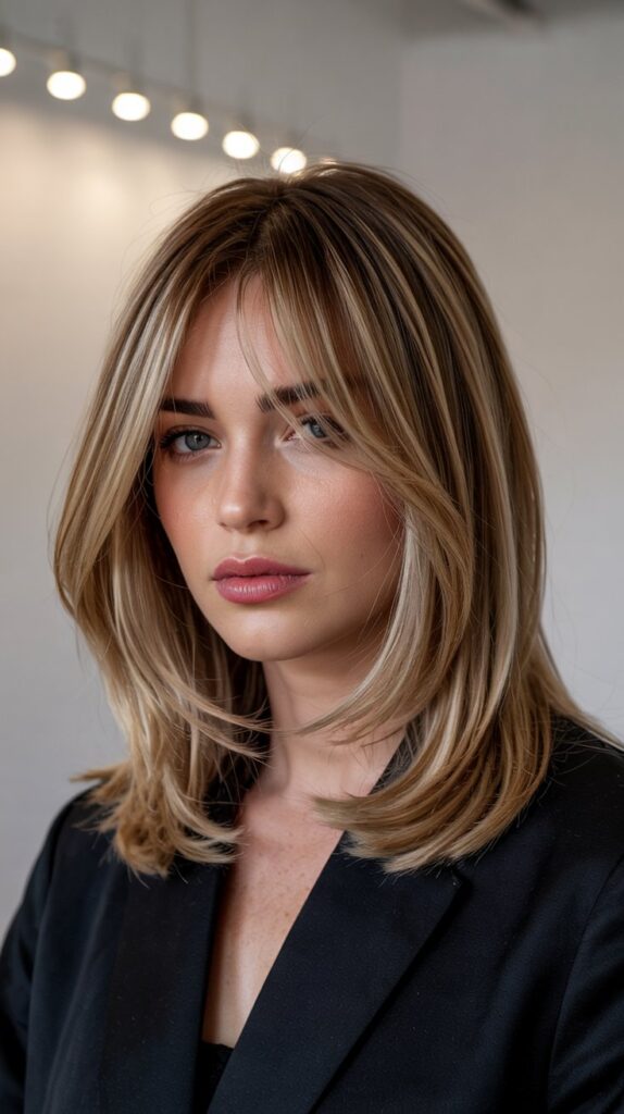  Long Bob with Curtain Bangs and Root Lift