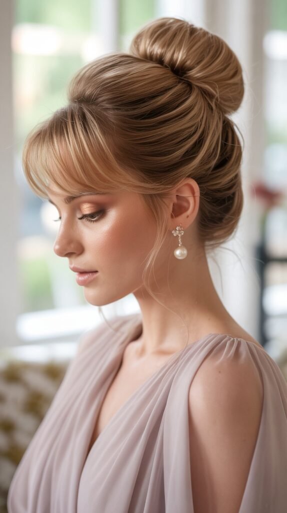 Voluminous Top Knot with Wispy Bangs