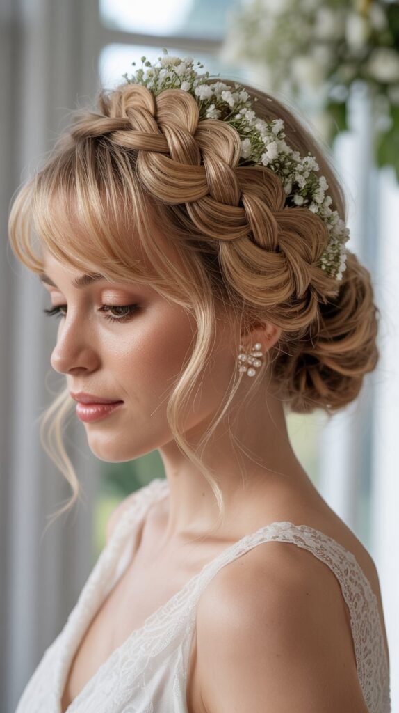 Romantic Braided Crown with Side-Swept Bangs