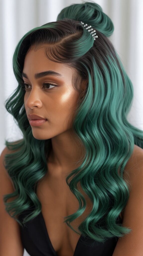 Emerald Green Deep Wave Half-Up Half-Down