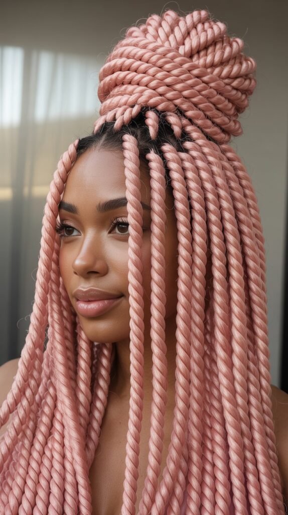 Rose Pink Senegalese Twist High Bun