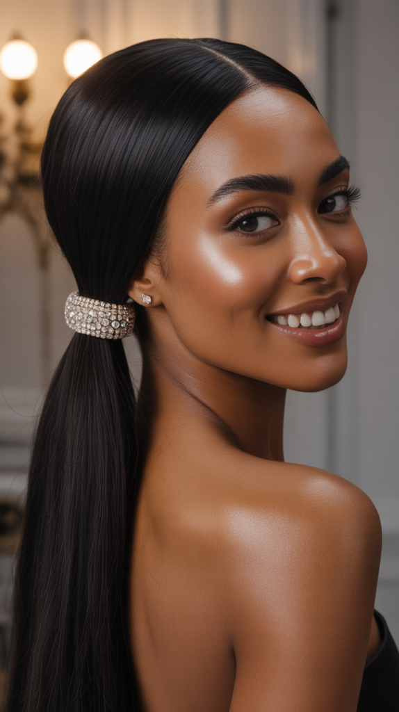 Straight Ponytail with Jeweled Elastic