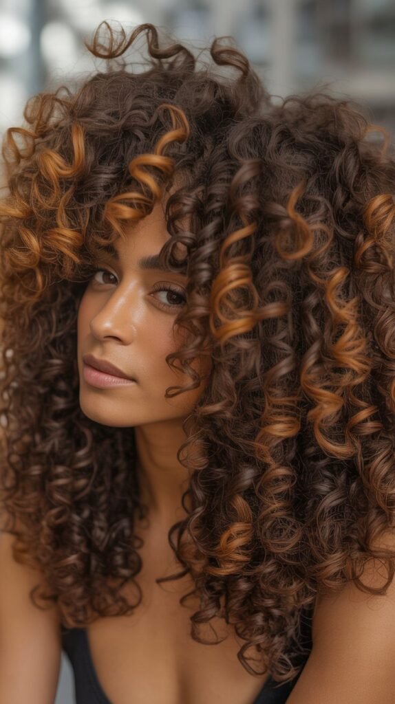 Caramel Highlights on Voluminous Curly Afro
