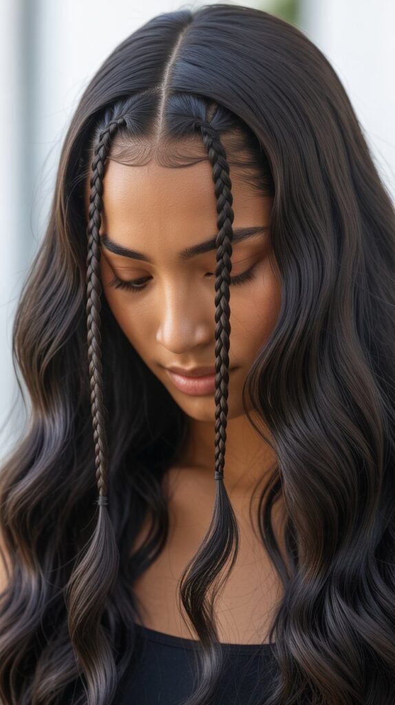 Straight Hair with Center Part Braids