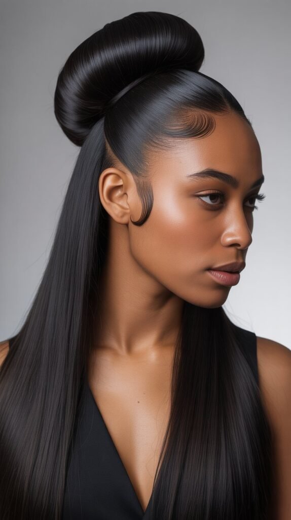  Sleek Straight Hair with Middle Bun