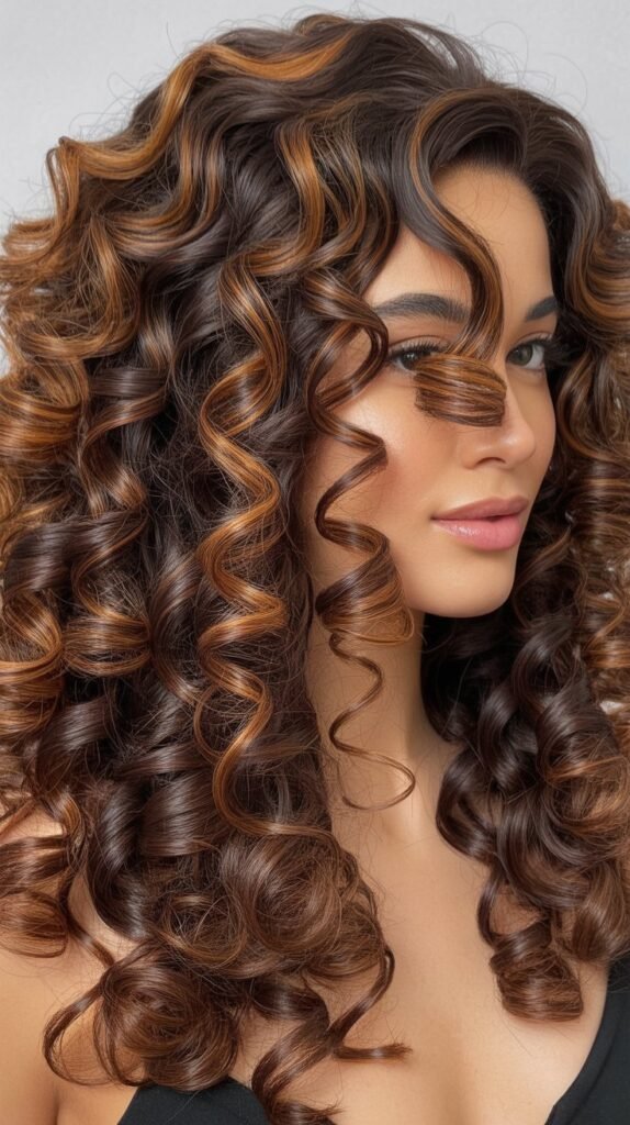 Curly Brown Wig with Caramel Spiral Highlights