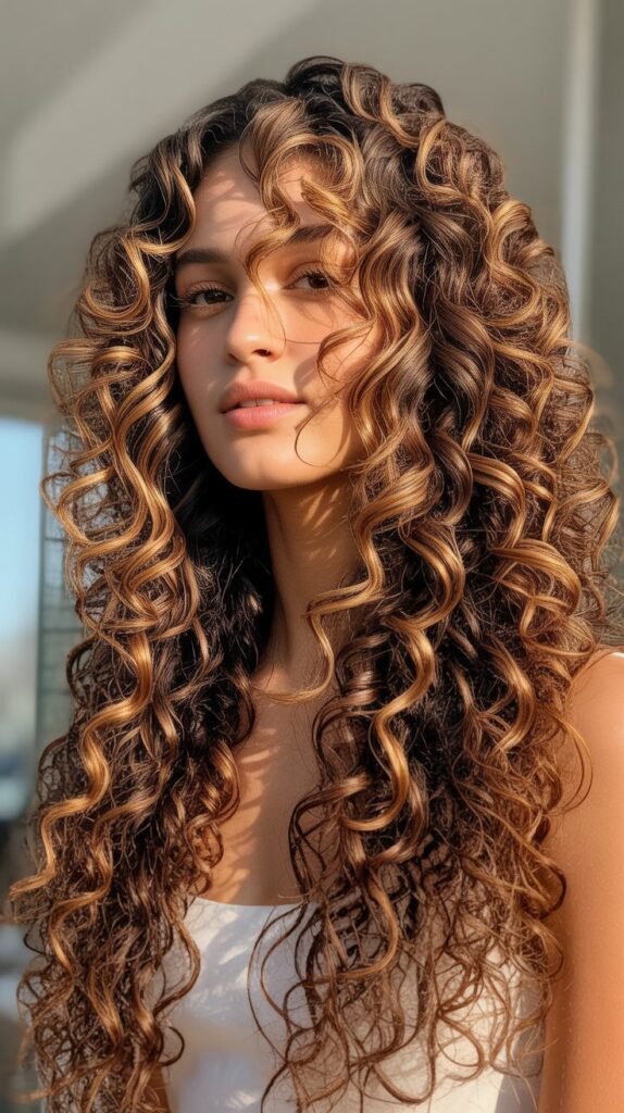 Caramel Highlights on Long Curly Hair