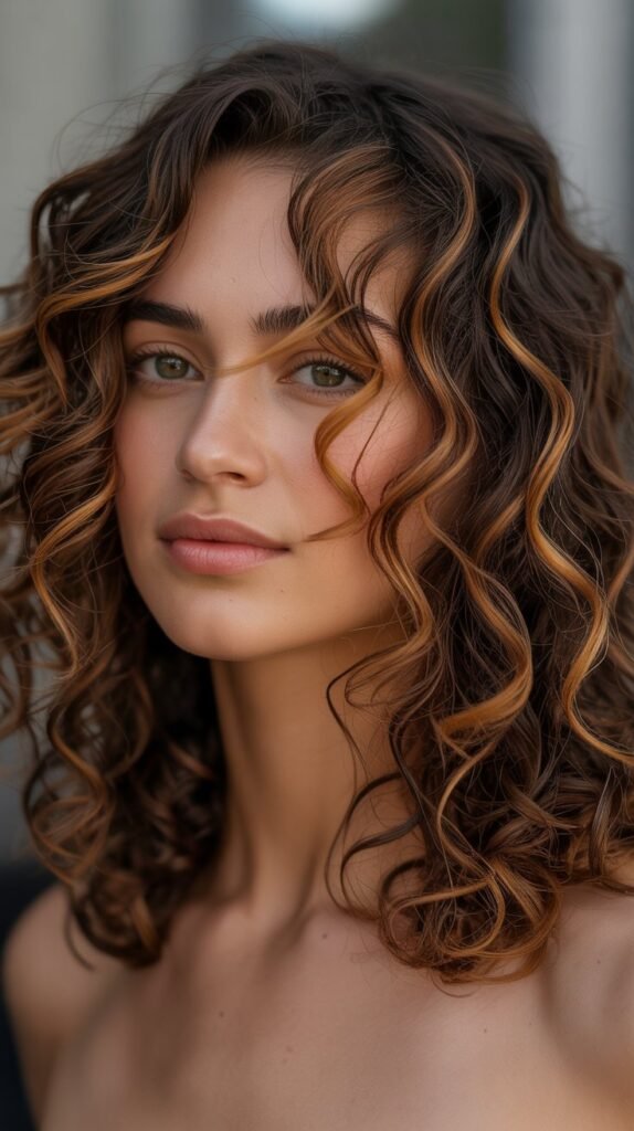 Caramel Highlights on Curly Lob