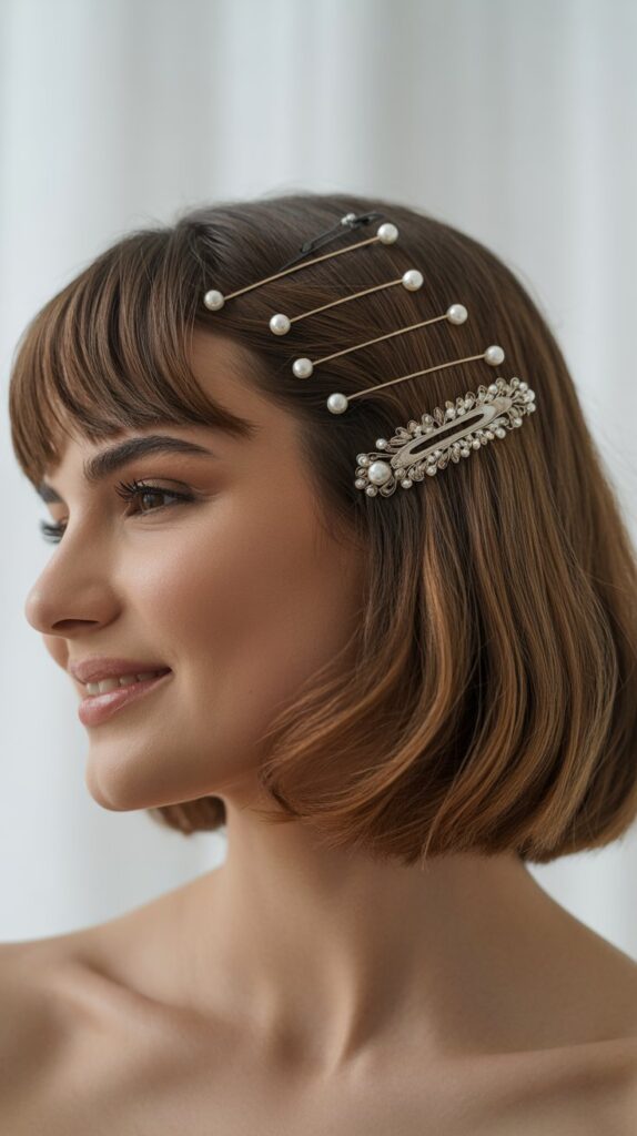 Long Bob with Side-Swept Curtain Bangs and Hair Accessories
