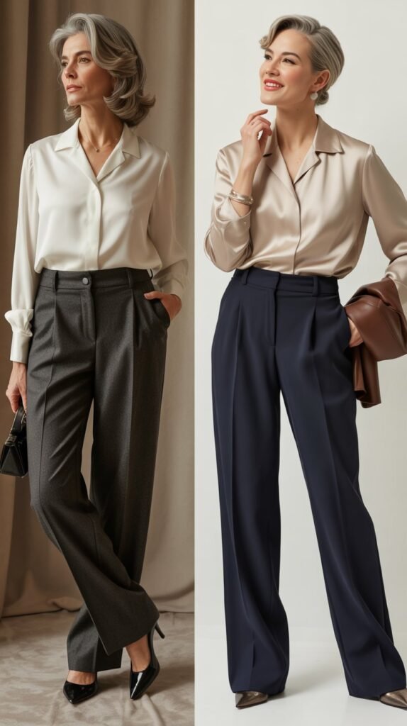 Tailored Wool Trousers with Silk Blouse