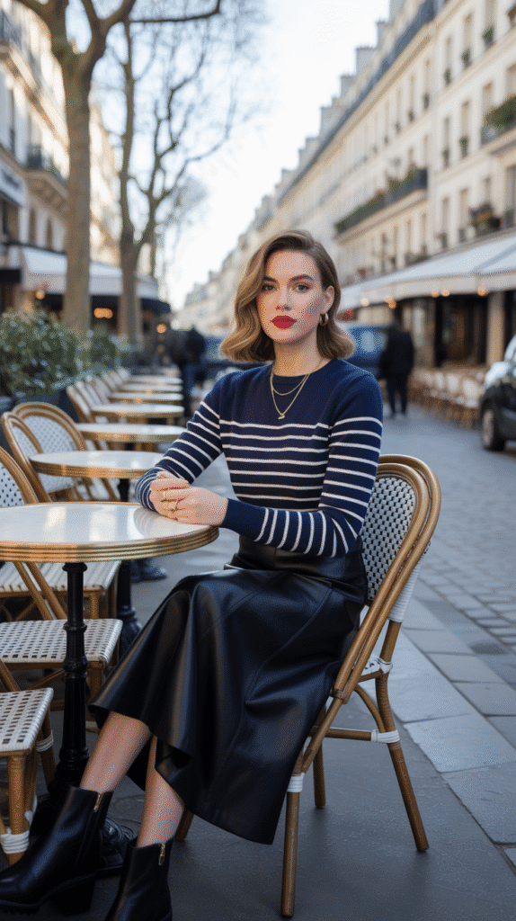 Striped Knit with Leather Skirt