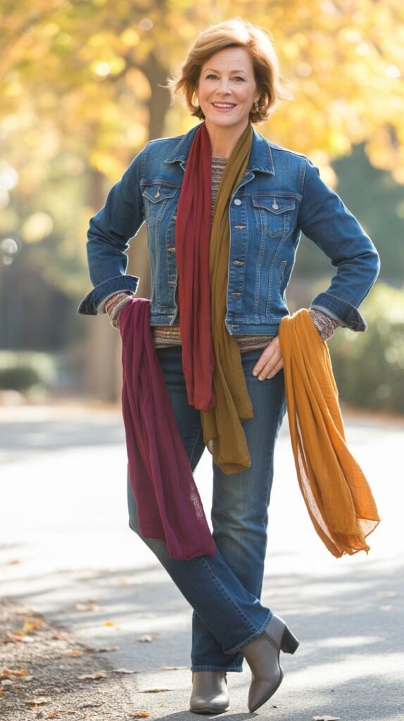 Denim Jacket Layered with Scarves