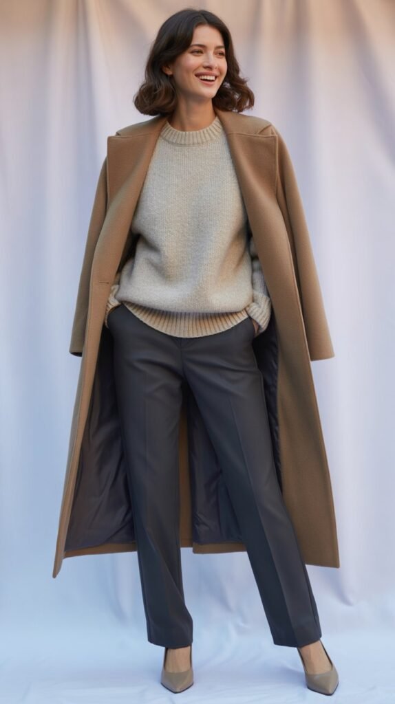 Wrap Coat with Sweater, Straight-Leg Trousers, and Flats