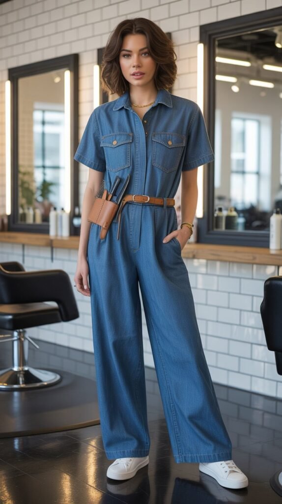Denim Jumpsuit with Short Sleeves