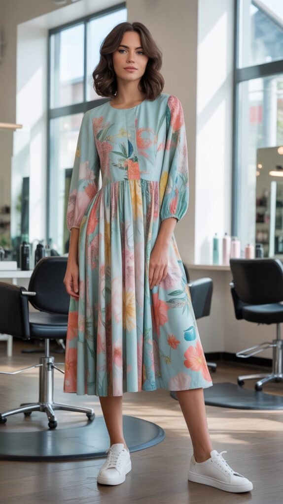 Printed Midi Dress with Sneakers