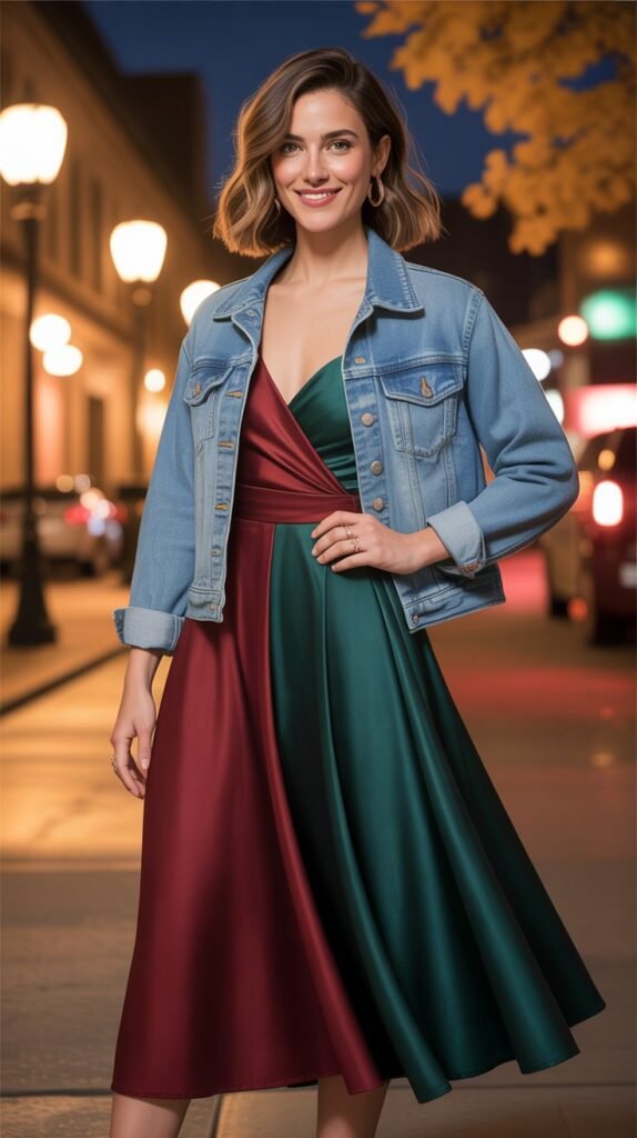 Denim Jacket Layered Over Midi Dress