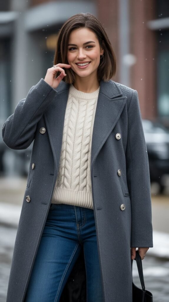 Double-Breasted Coat with Sweater and Jeans