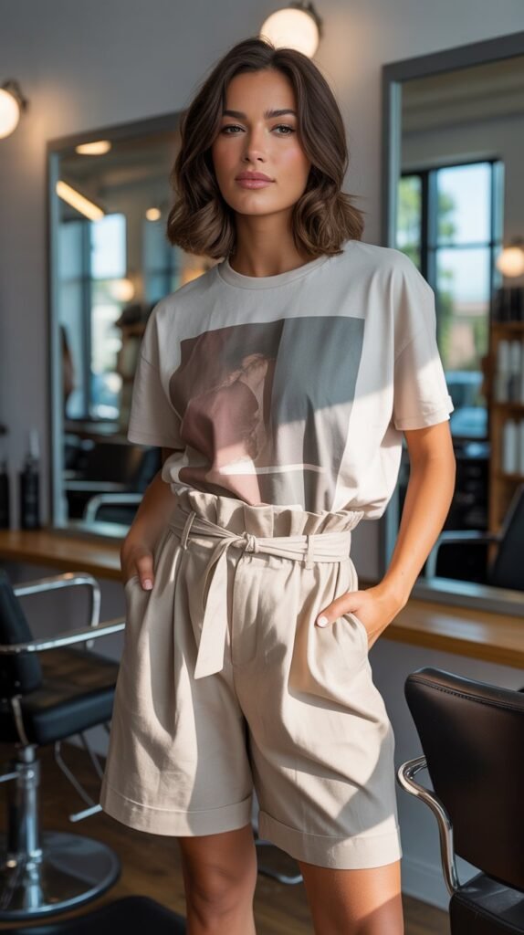 Graphic Tee with Paper Bag Waist Shorts