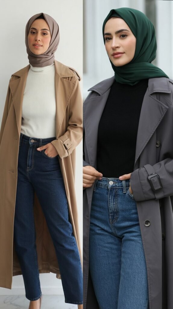 Trench Coat Over Turtleneck and Straight-Leg Jeans