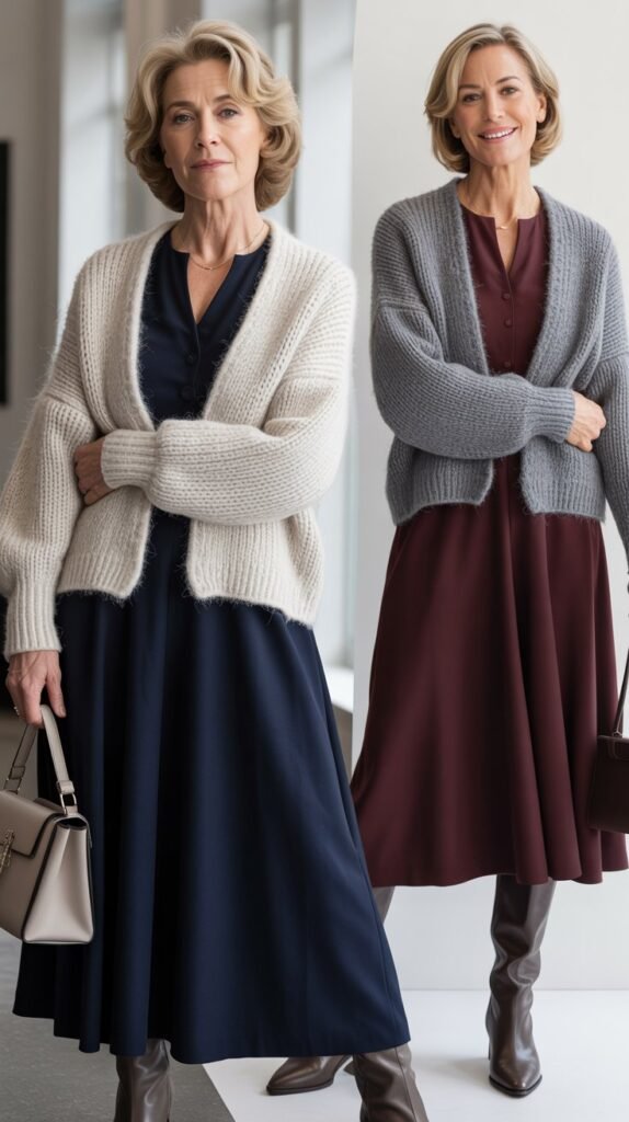 Chunky Knit Cardigan with Midi Dress