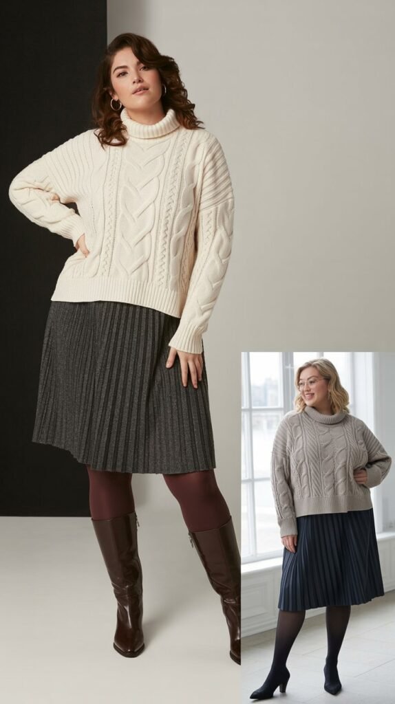 Cable Knit Sweater with Pleated Skirt