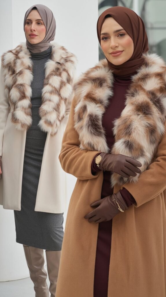 Faux Fur Collar Coat Over Turtleneck Dress