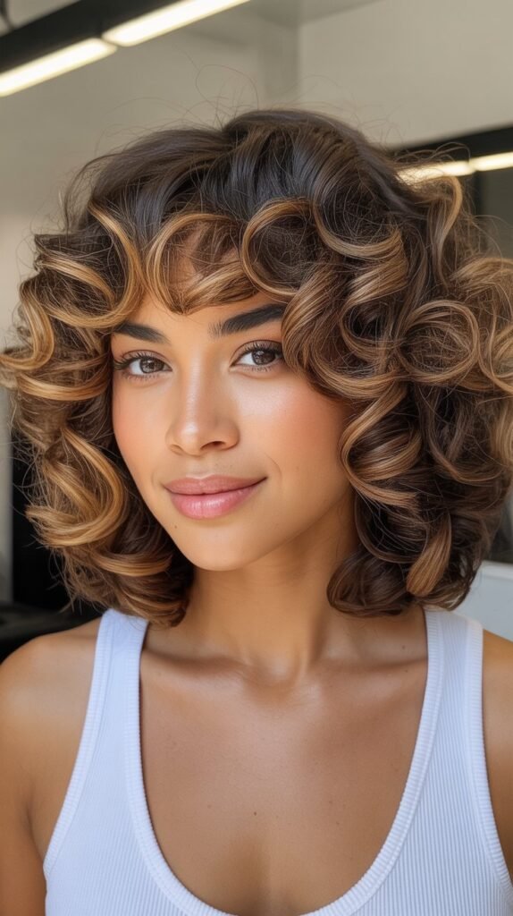Voluminous Curly Lob with Feathered Curtain Bangs