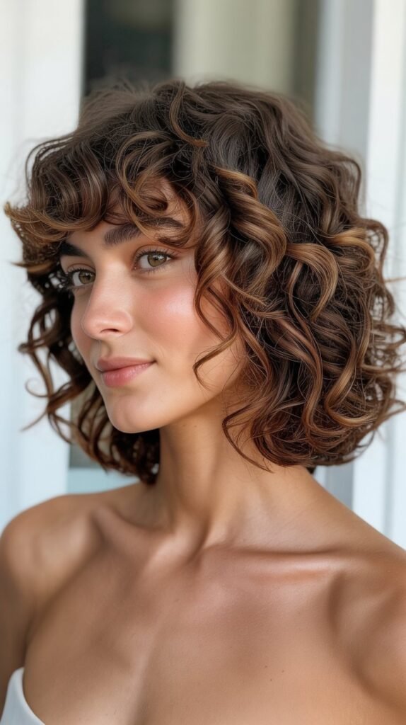 Curly Bob with Long Curtain Bangs and Face-Framing Layers