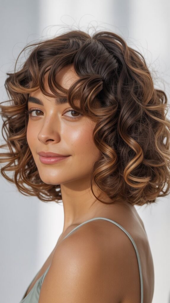 Shaggy Curly Bob with Choppy Curtain Bangs