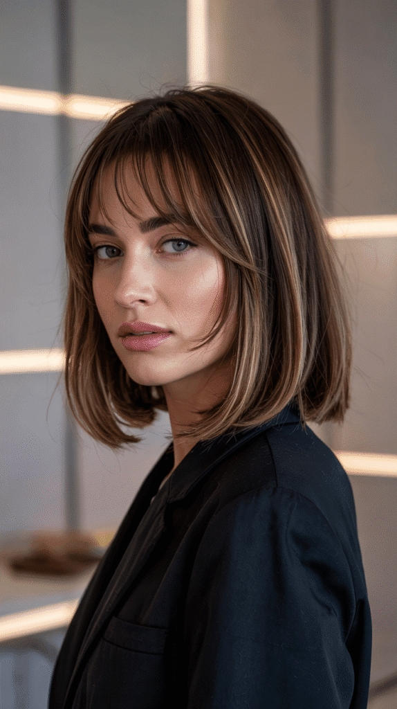 Long Bob with Curtain Bangs and Volume at Crown