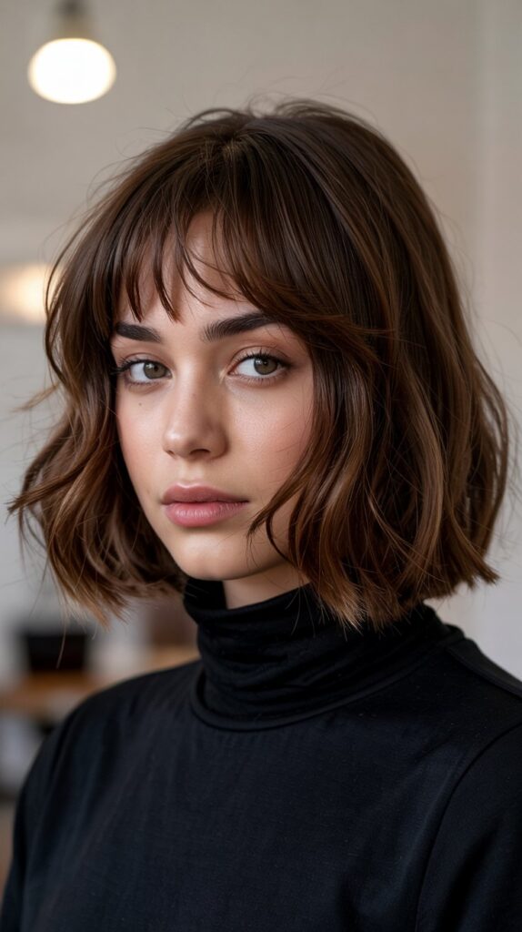 Long Bob with Curtain Bangs and Money Piece Highlights
