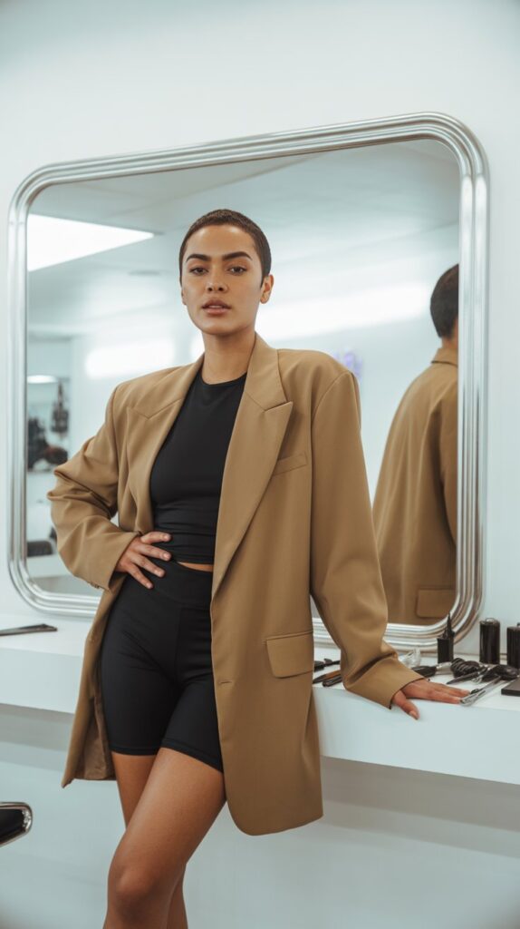 30 Casual Hairstylist Outfits for Work 14 Bike Shorts with Longline Blazer