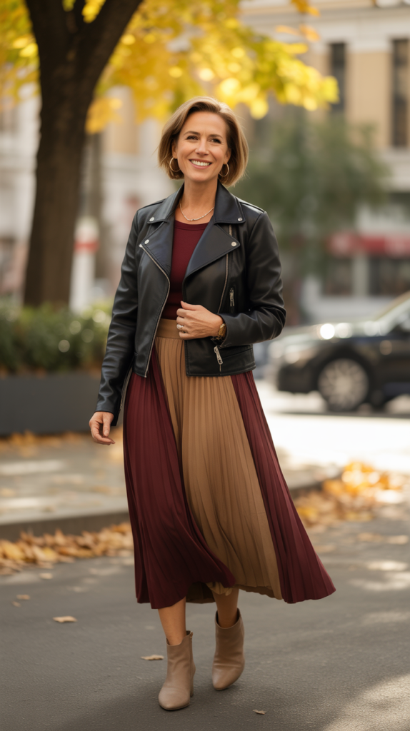 Leather Jacket with Midi Skirt