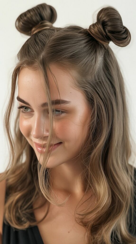 Top 27+ Half-Up Half-Down Prom Hairstyles 23 . Half-Up with Space Buns