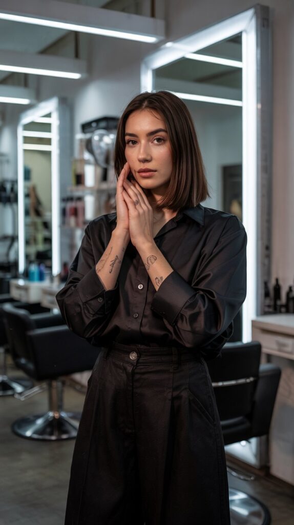 . Black Culottes with Black Button-Down Shirt