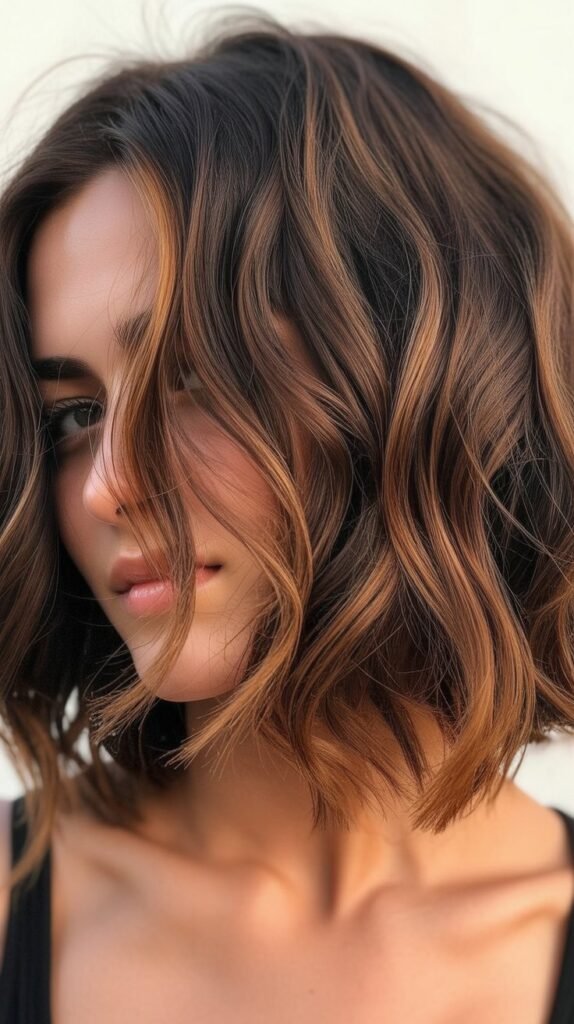 Wavy Bob with Caramel Highlights and Beach Texture