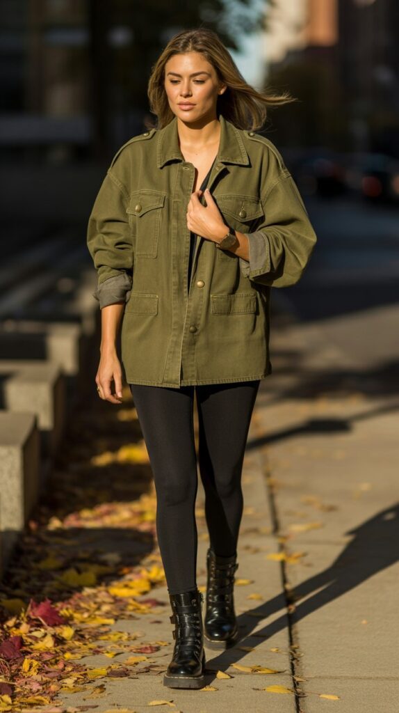33 Trendy Casual Fall Outfits for Women with Leggings 23 Military Jacket and Leggings