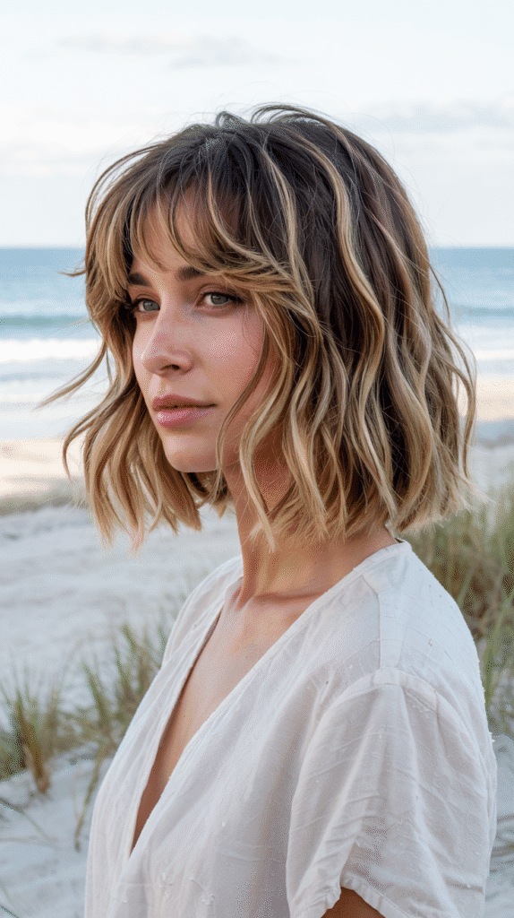 Long Bob with Curtain Bangs and Beach Waves