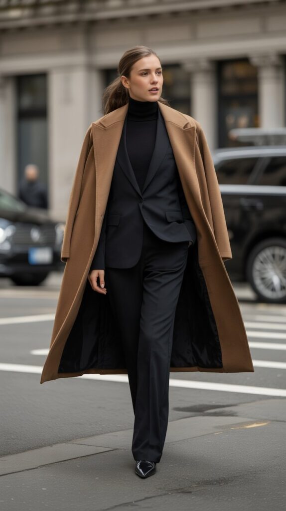 28 Classy Winter Outfits for Women for an Elegant Cold-Weather Look 20 Tan Wool Coat with All-Black Base