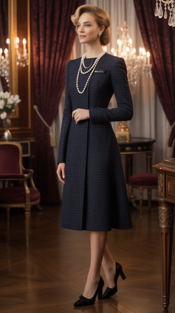 24 Elegant Winter Dress Outfits for Women for Every Occasion 16 Tweed Dress with Pearls and Pumps