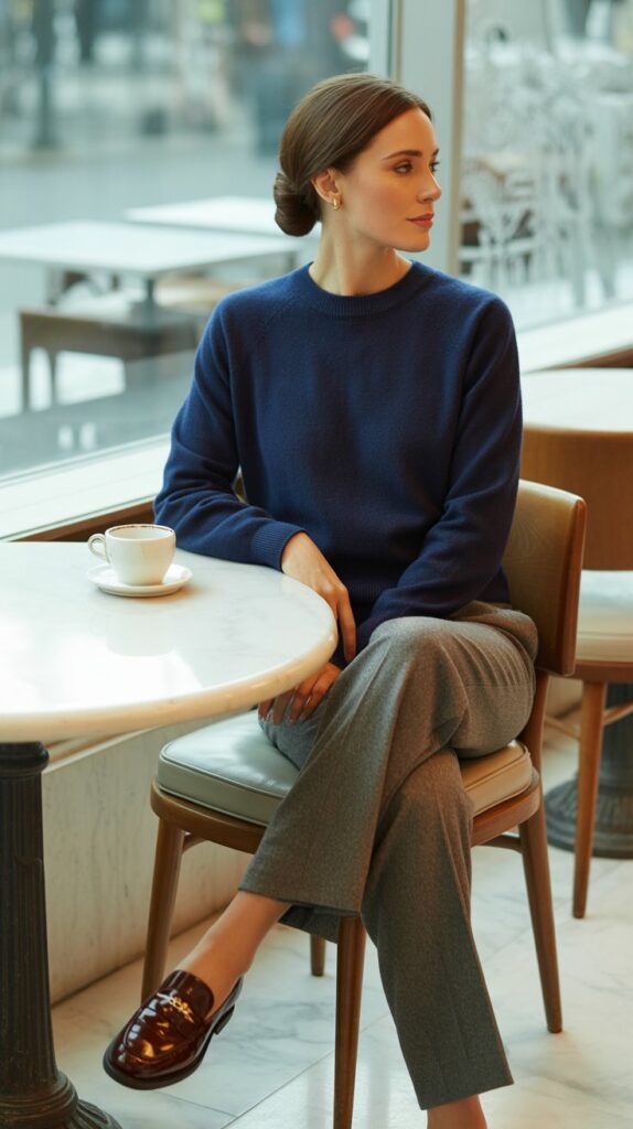 25 Casual Winter Outfits for Women That Are Cute and Comfy 13 Cashmere Sweater with Wool Trousers and Loafers