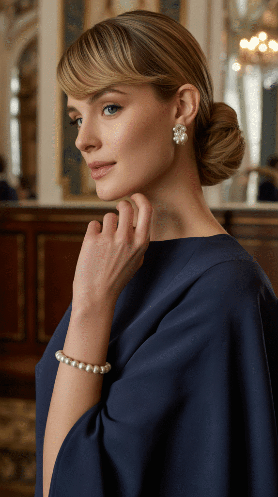 30+ Classy Bridesmaid Updo Hairstyles with Bangs 30 Low Cluster Bun with Side-Swept Bangs