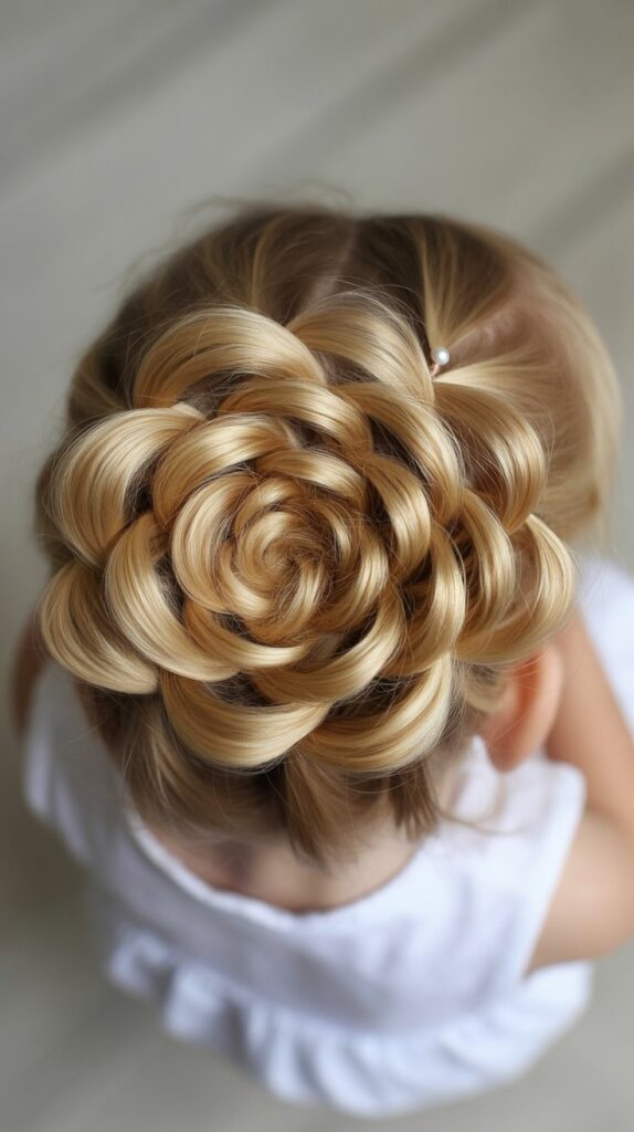 33 Adorable Kids' Hair Ideas That Keep Hair Out of the Face 16 . Flower Bun