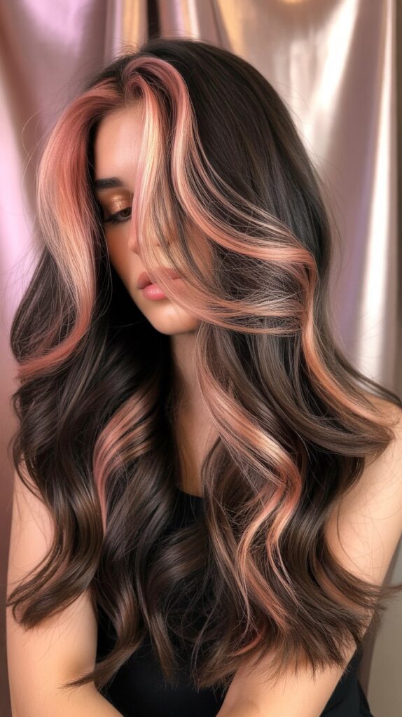 34 Trendy Brunette Balayage Hairstyles with a Money Piece 15 Espresso with Rose Gold Money Piece