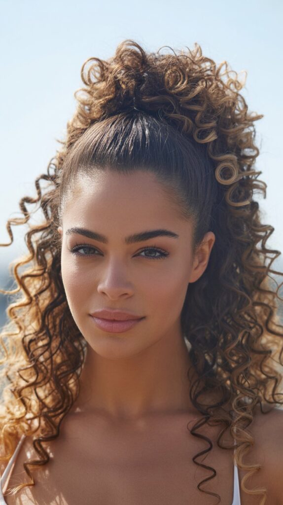 Transform Your Look: 25+ Stunning Curly Hairstyles For Round Faces 22 High Curly Ponytail With Volume