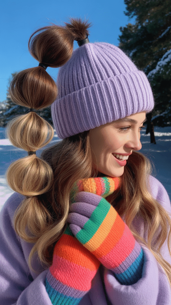 33 Cozy Cute Winter Hairstyles with Beanies 28 Half-Up Bubble Ponytail with Beanie