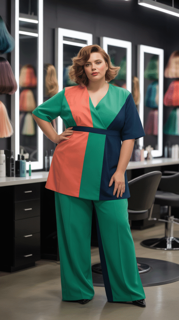32 Flattering Plus-Size Hairstylist Outfits for Work 15 Strategic Color Blocking