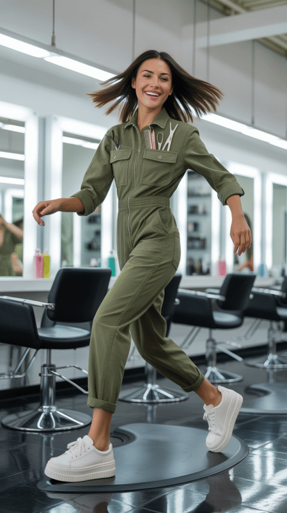 27 Stylish Hairstylist Outfits for Work in Winter 10 Utility Jumpsuit with Sneakers